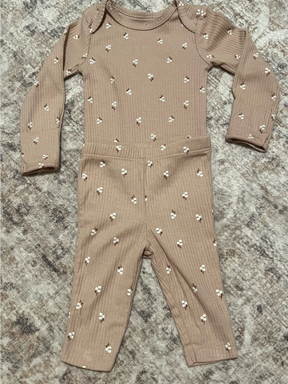 Kids Ribbed Cotton Blend Bottoms in Light Brown with Floral Dot Print